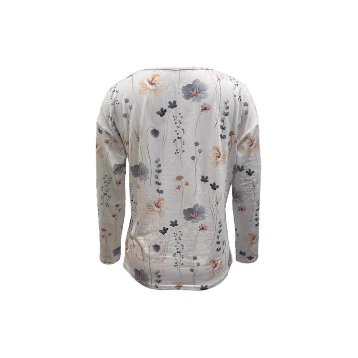 Damen Langärmliges Blumen-Sweatshirt mit asymmetrischem Drapékragen und Zierknopfleiste – Avérine
