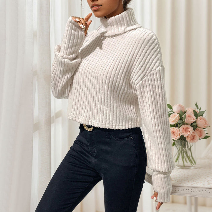 Damen geripptes Cropped‑Rollkragenpullover mit überschnittenen Schultern und voluminösen Ärmeln – Mavelle