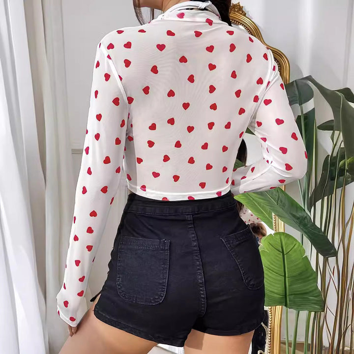 Damen Langarm-Crop-Top mit herzförmigem Design und transparentem Stoff Echoarchiv