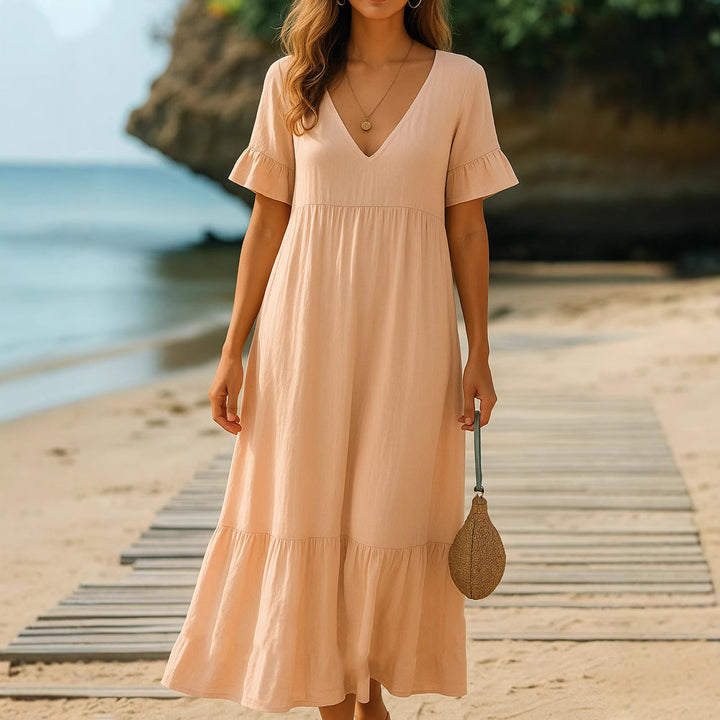 Damen fließendes Maxikleid mit V-Ausschnitt und Rüschendetails Echo Archiv