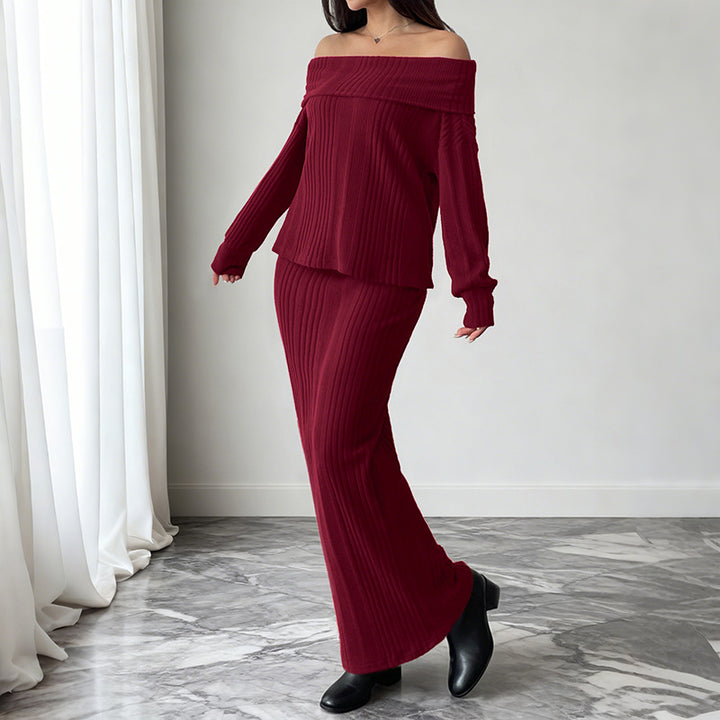 Damen Schulterfreies Rippstrick-Set mit Off-Shoulder-Oberteil und figurbetontem Maxirock Echoarchiv