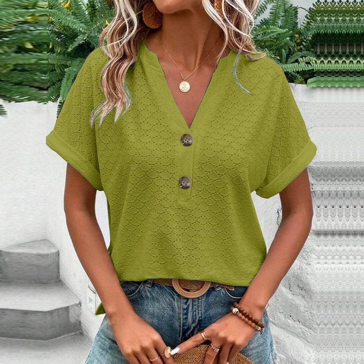Damen Luftiges Kurzarm-Oberteil mit strukturiertem Design und Knopfdetails Echo Archiv