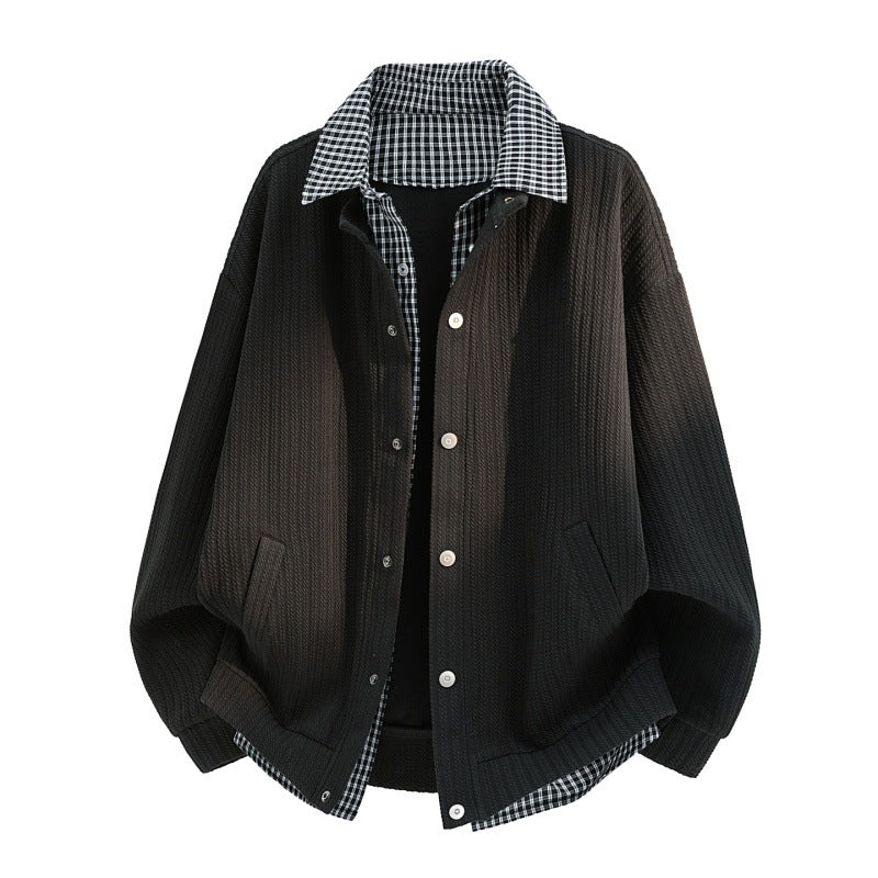 Männer Freizeit gestrickte Overshirt Jacke mit kariertem Hemdkragen und Druckknopfblende – Taviero