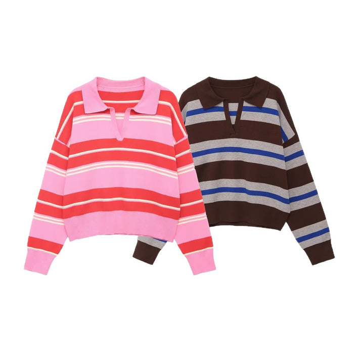 Damen Gestreifter Polokragen-Pullover im Cropped‑Oversize‑Schnitt aus Feinstrick Echoarchiv