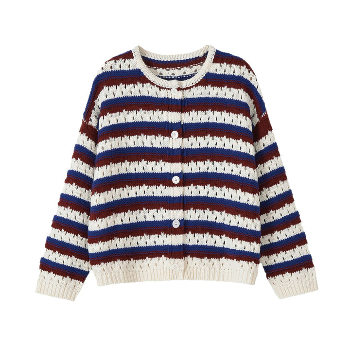Damen Gestrickte Cropped‑Strickjacke mit Lochmuster und Knopfleiste Echoarchiv