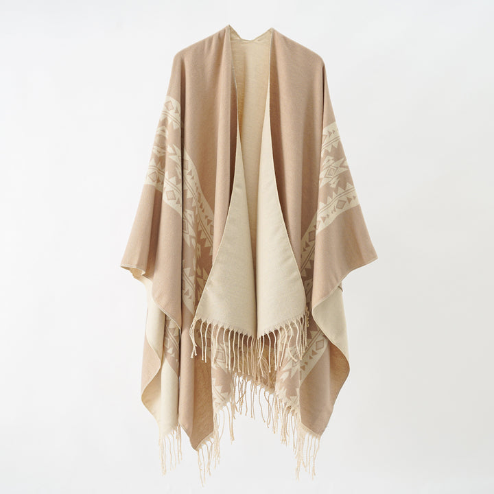 Damen Kaschmir‑Optik Überwurfponcho mit geometrischer Bordüren‑Jacquard und Fransen Echo Archiv