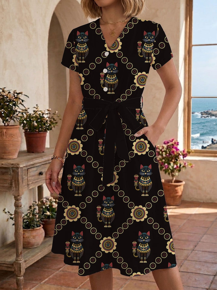 Damen Sommerliches Kleid mit taillierbarem Bindegürtel und floralem Muster Echo Archiv