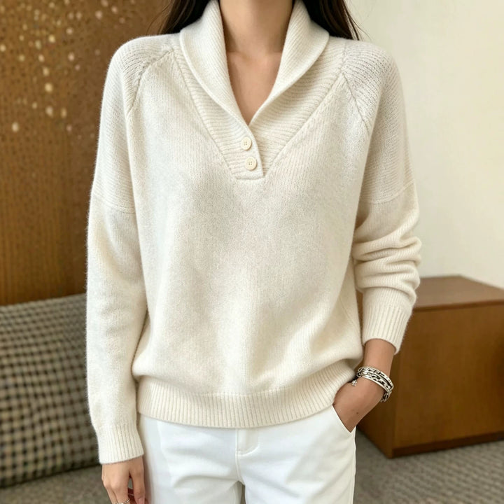 Damen Weicher Schalkragen‑Pullover mit halber Knopfleiste und Raglanärmeln – Mavelle