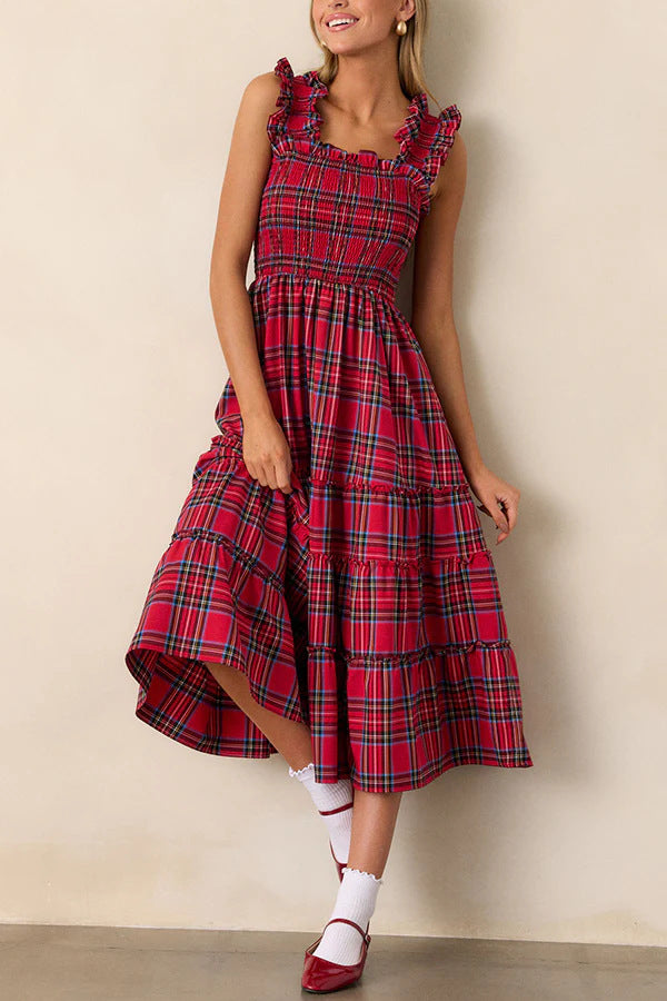 Damen Maxikleid mit voluminösen Rüschendetails und klassischen Karo-Muster Echo Archiv