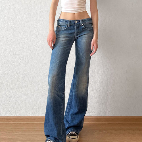 Damen hochtaillierte Schlagjeans mit dezenter Used-Waschung und ausgestelltem Bein – Dénora