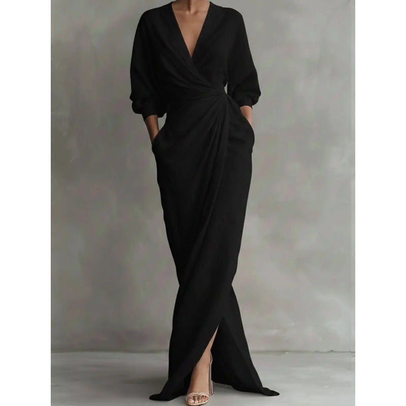 Damen Drapiertes Wickel-Maxikleid mit tiefem V-Ausschnitt, Taillen-Twist und Eingrifftaschen – Valéora