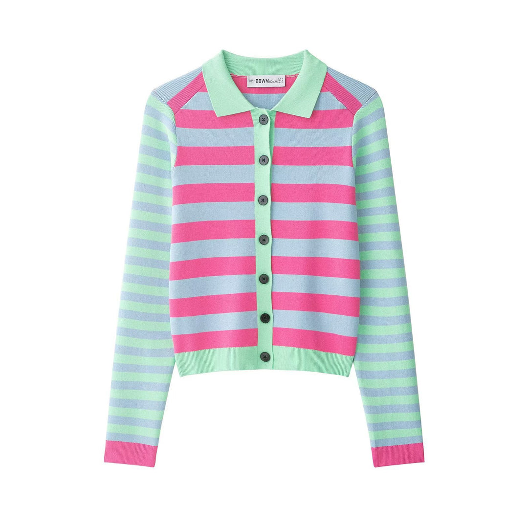 Damen Gestreifte Kurzjacke-Cardigan mit Polokragen und Knopfleiste Echo Archiv