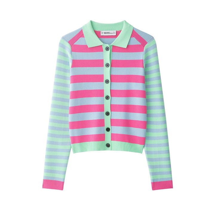 Damen Gestreifte Kurzjacke-Cardigan mit Polokragen und Knopfleiste Echo Archiv