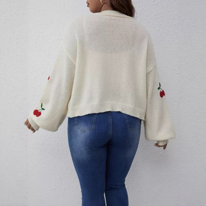 Damen Kurzgeschnittener Oversize-Cardigan mit Kirsch-Stickerei – Veloura