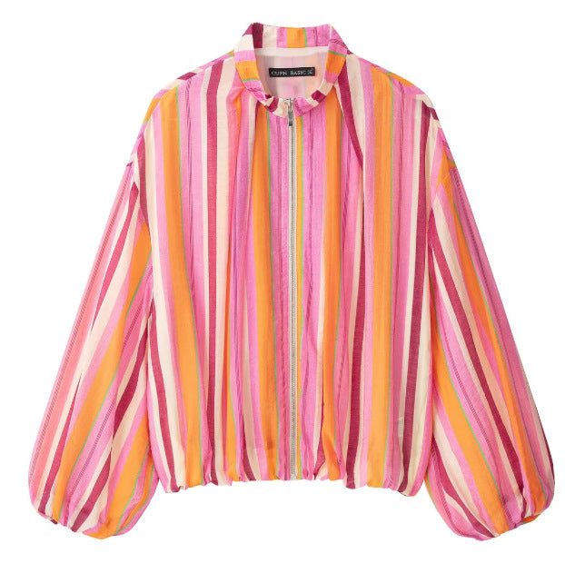 Damen Leichte gestreifte Cropped Blousonjacke im Bomberstil mit Stehkragen, Reißverschluss und Ballonärmeln Echo Archiv