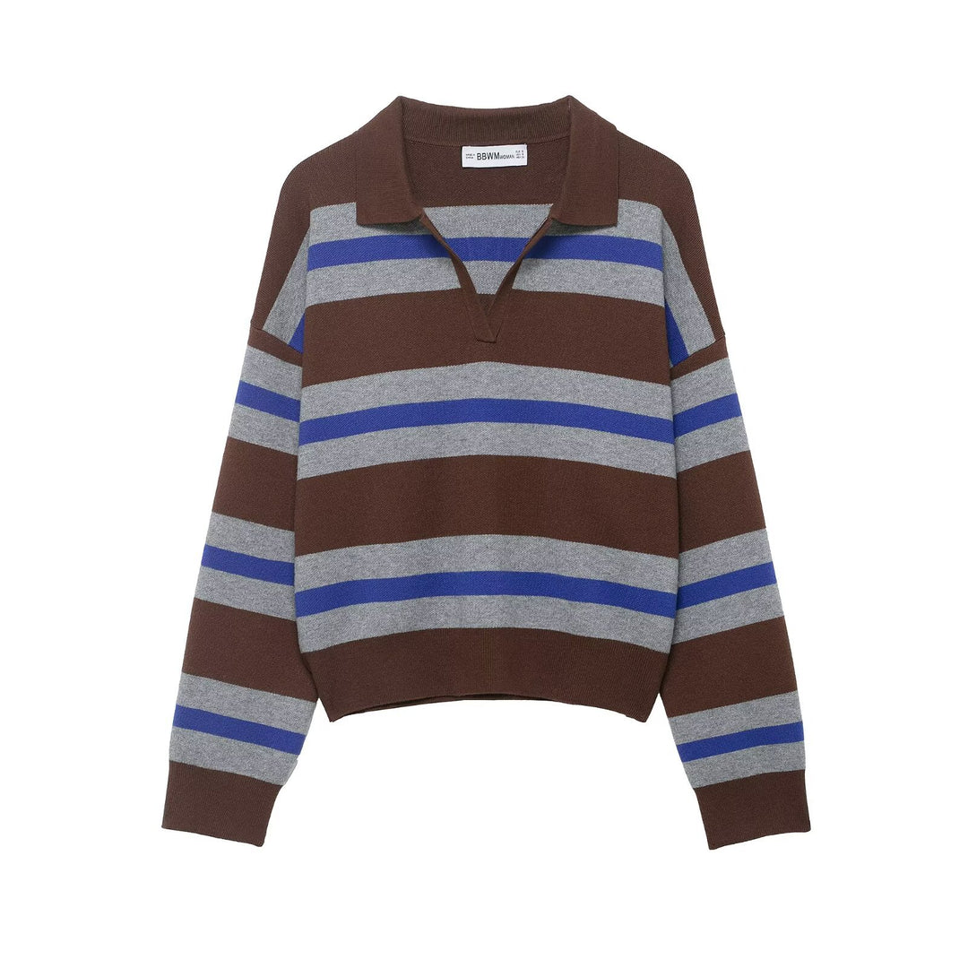 Damen Gestreifter Rugby-Polo-Pullover mit V-Notch und Cropped-Saum Echo Archiv