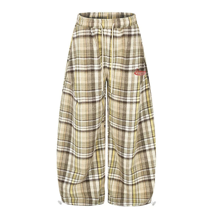 Damen Weite Karierte Palazzo-Loungehose mit hohem Komfortbund und Saumkordel Echoarchiv