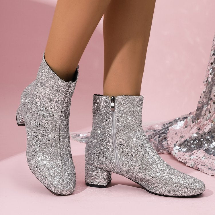 Damen glitzernde Stiefeletten mit kurzem Blockabsatz und seitlichem Reißverschluss Echo Archiv