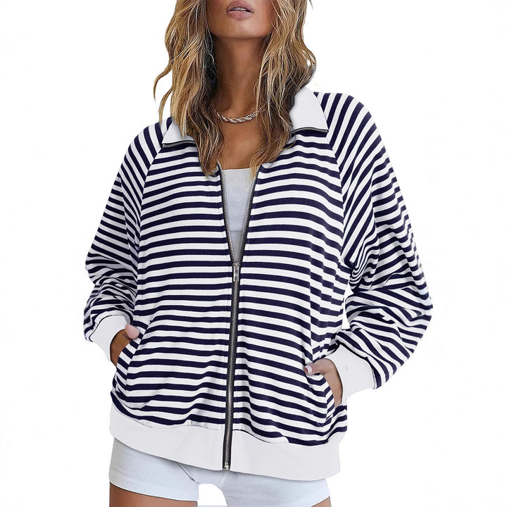 Damen Gestreifte Zip‑Jacke mit Reißverschluss, Raglanärmeln und Rippbündchen Echo Archiv
