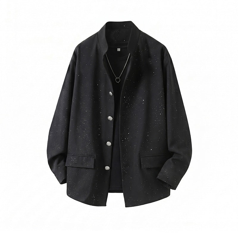 Herren Zweiteiliges Oversize-Lounge-Set mit gesprenkelter Übergangsjacke und weiter Bundfaltenhose Echoarchiv