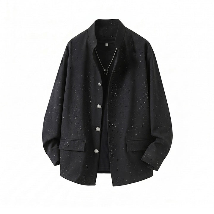 Herren Zweiteiliges Oversize-Lounge-Set mit gesprenkelter Übergangsjacke und weiter Bundfaltenhose Echoarchiv