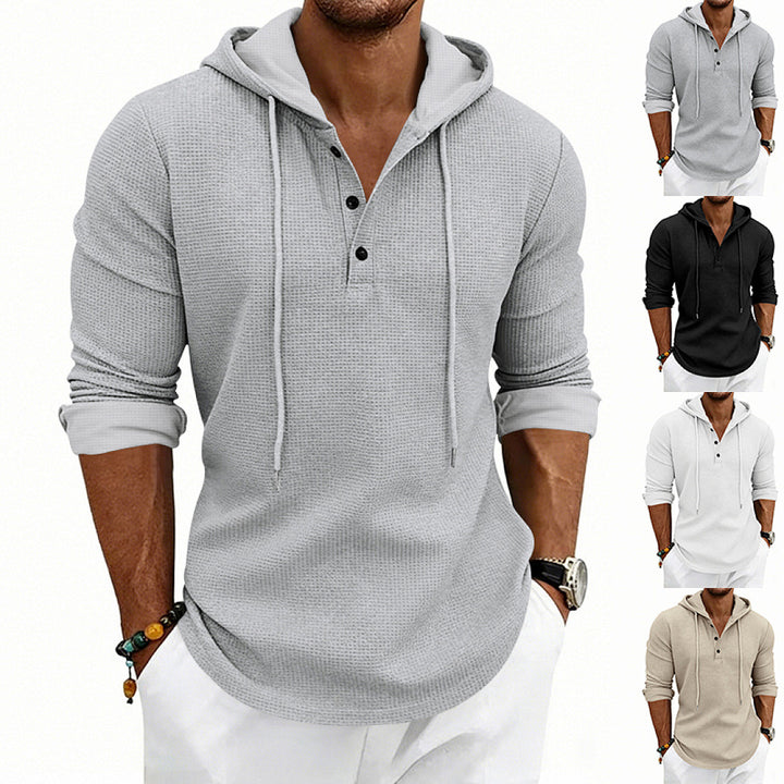 Herren Waffelstrick-Henley-Hoodie mit Knopfleiste und Kapuze – Cavarno