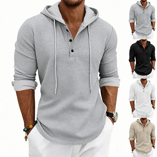 Herren Waffelstrick-Henley-Hoodie mit Knopfleiste und Kapuze – Cavarno