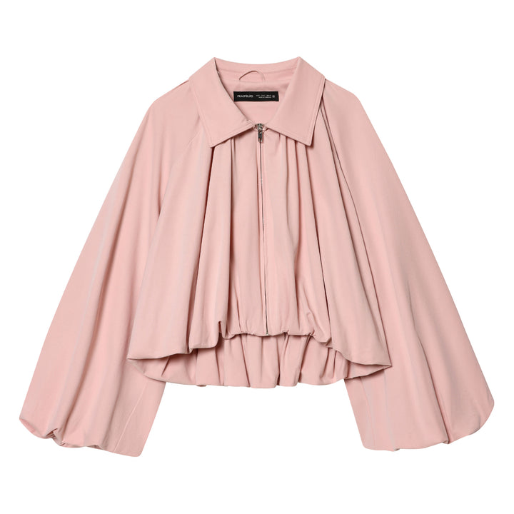Damen weite Plissee Capejacke mit Umlegekragen Reißverschluss und elastischem Saum – Célinea