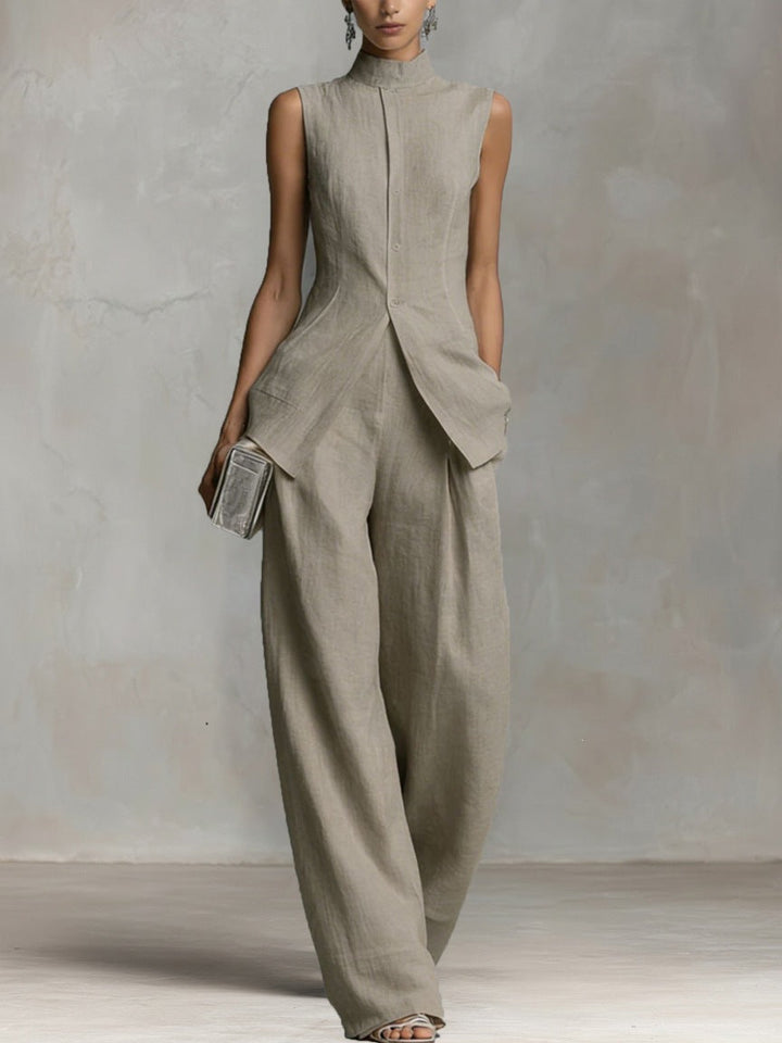 Damen Eleganter suit mit hochgeschlossenem Kragen und weitem Bein Echoarchiv