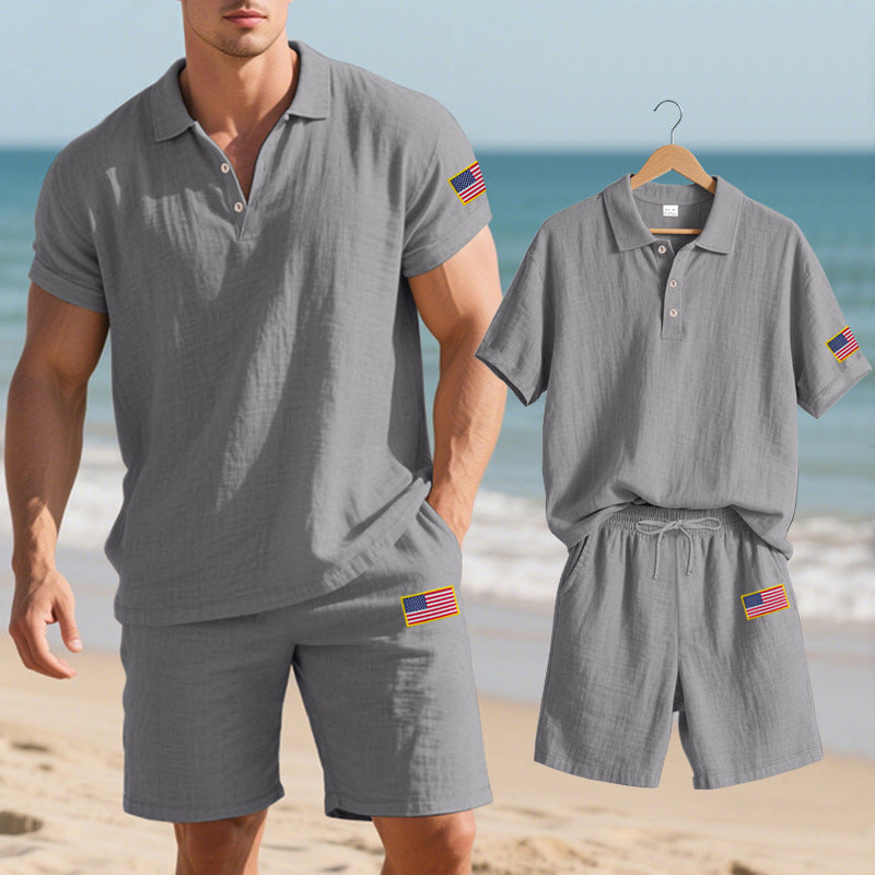 Herren Polo- und Shorts-Set mit gesticktem Länderflaggen-Motiv Echoarchiv
