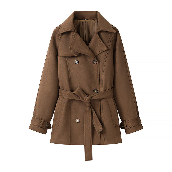 Damen Kurz-Trenchcoat in Wolloptik Doppelreiher mit Taillengürtel Echo Archiv