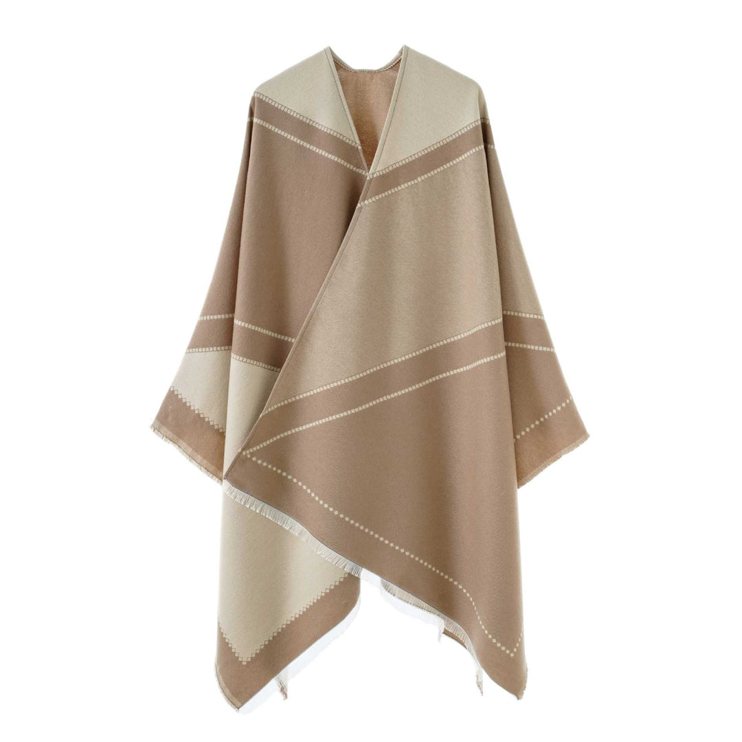 Damen Wendbarer Strickcape-Poncho mit Fransen und kontrastierenden Streifen – Avérine