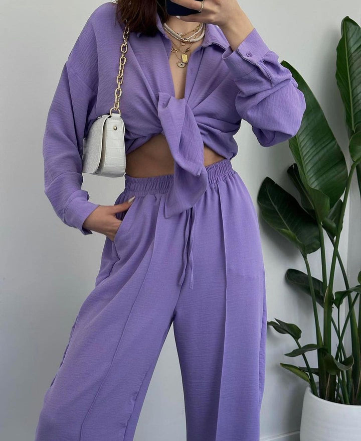 Damen Lässiges zweiteiliges Lounge-Set aus Crêpe mit Oversize-Hemd und hohem Elastikbund Echoarchiv