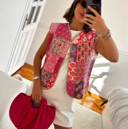 Damen Gesteppte Weste mit Toile‑Print, gestreifter Innenverarbeitung und Kordelbindung Echo Archiv