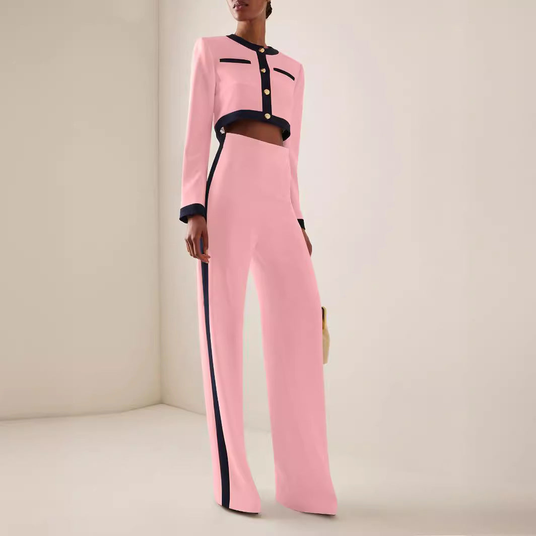 Damen Kurzgeschnittenes Cropped-Tailoring-Set mit Kontrastpaspel und High‑Waist Palazzo-Hose – Avélisse
