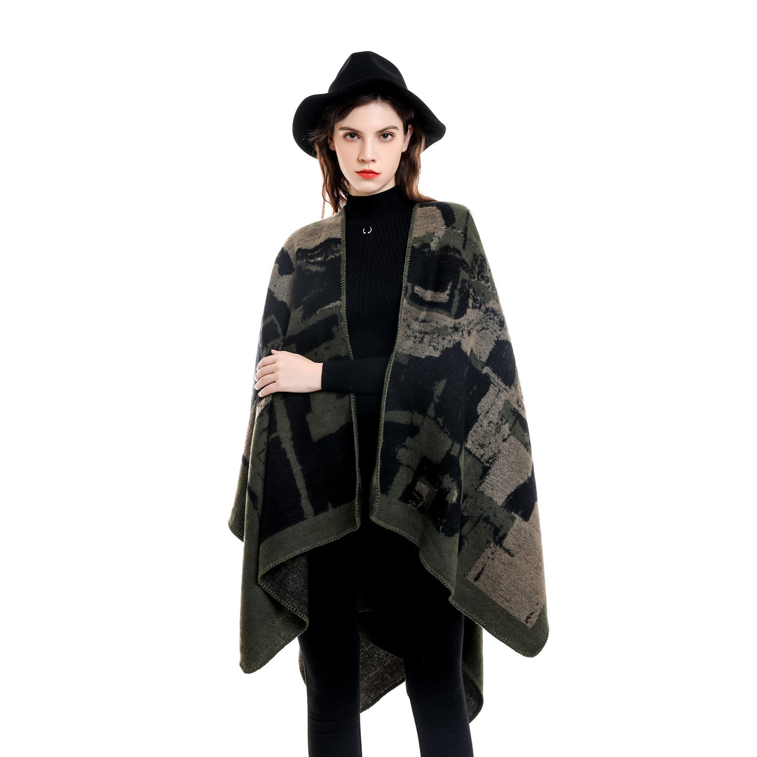 Damen Oversize-Umhangruana aus Wollmix mit abstraktem Jacquard und Zierstichkante – Célinea