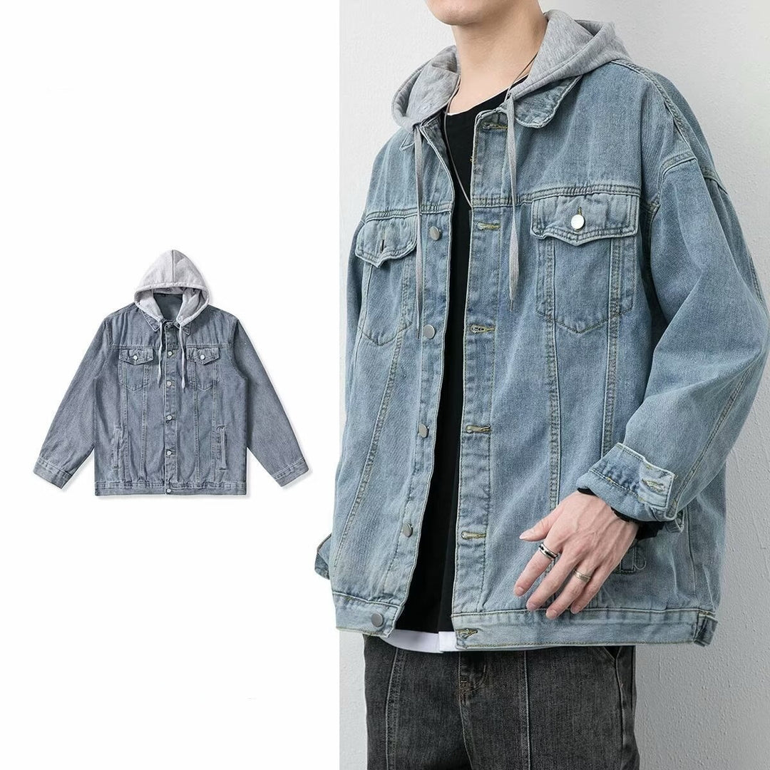 Herren Lässige Denimjacke mit integriertem Hoodie Echoarchiv