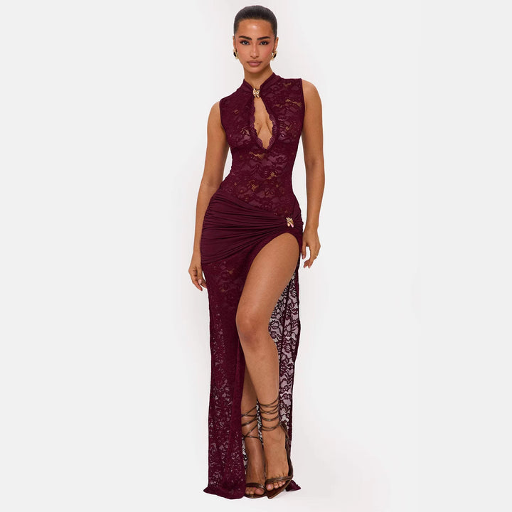 Damen Elegantes Spitzenkleid mit tiefem V-Ausschnitt und drapiertem Saum Echo Archiv