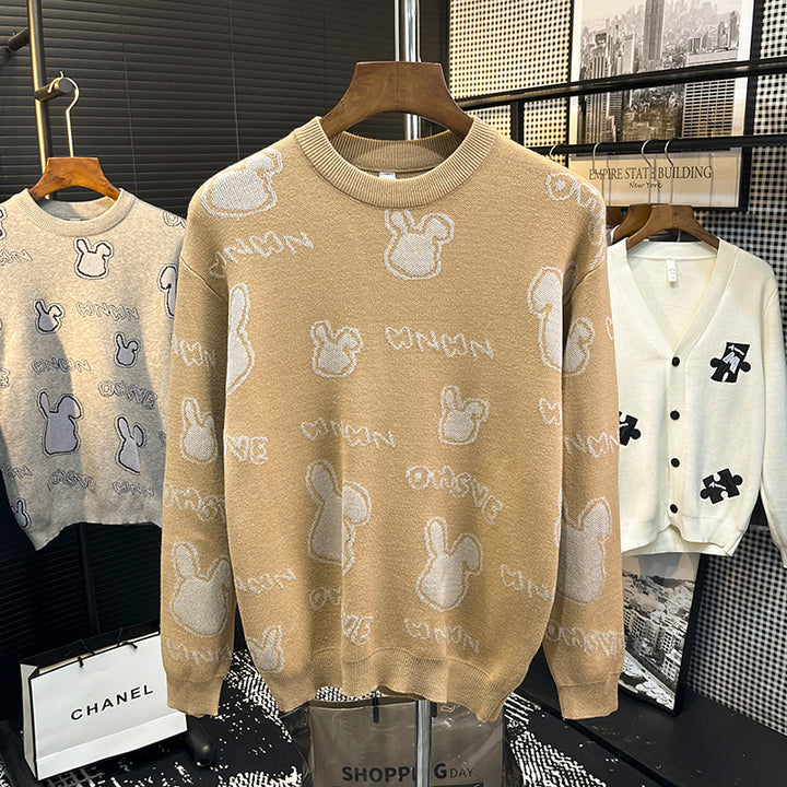 Unisex Feinstrick-Pullover mit dezentem Jacquard-Hasenrelief und Rundhalsausschnitt Echoarchiv