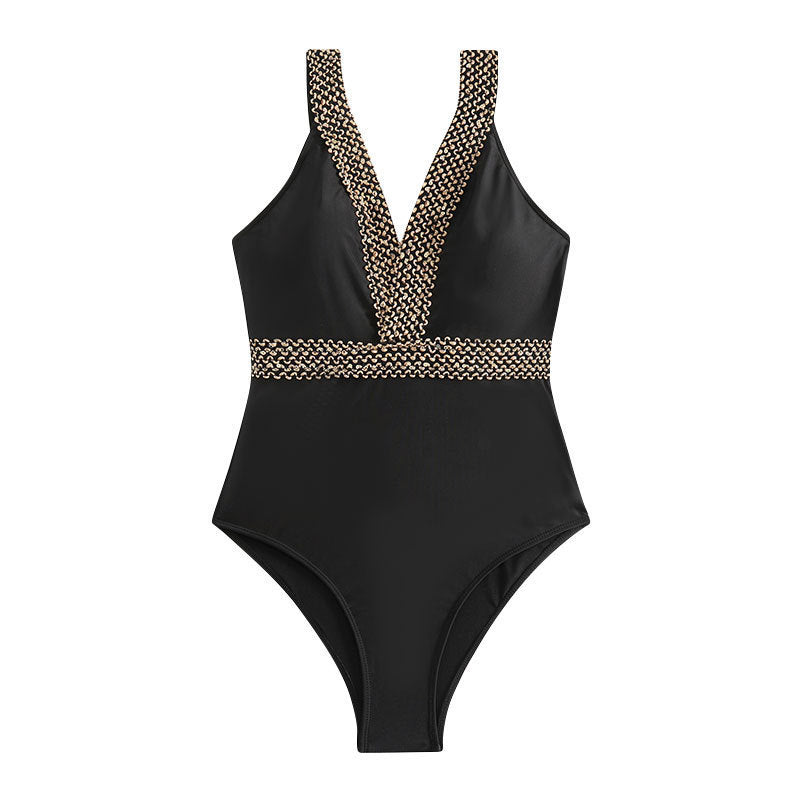 Damen eleganter Einteiler Badeanzug mit tiefem V-Ausschnitt und goldenen Akzenten Echo Archiv