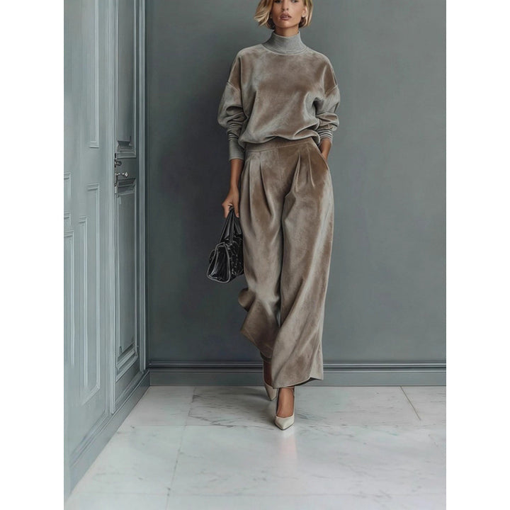 Damen Zweiteiliges Samt-Loungewear-Set mit Stehkragen und Plissee-Palazzohose – Élanora