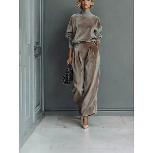 Damen Zweiteiliges Samt-Loungewear-Set mit Stehkragen und Plissee-Palazzohose – Élanora