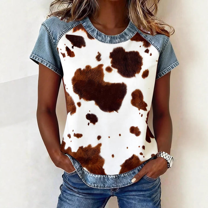 Damen Kurzarmshirt mit Jeans-Einsätzen und Teddy-Patchprint Echo Archiv