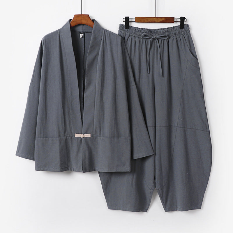 Herren Kimono-Loungewear-Set mit kurzem Schalkragen und weiten Harem-Bundhosen Echoarchiv