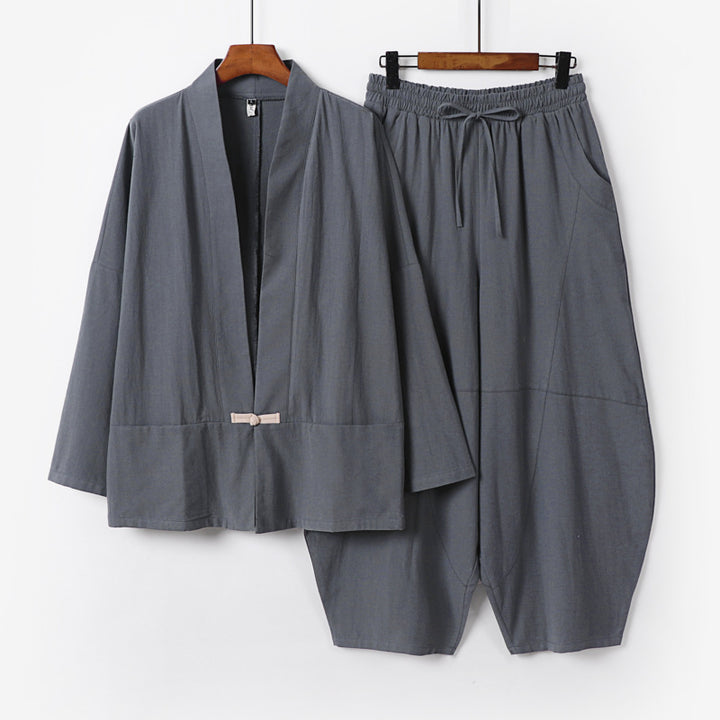 Herren Kimono-Loungewear-Set mit kurzem Schalkragen und weiten Harem-Bundhosen Echoarchiv