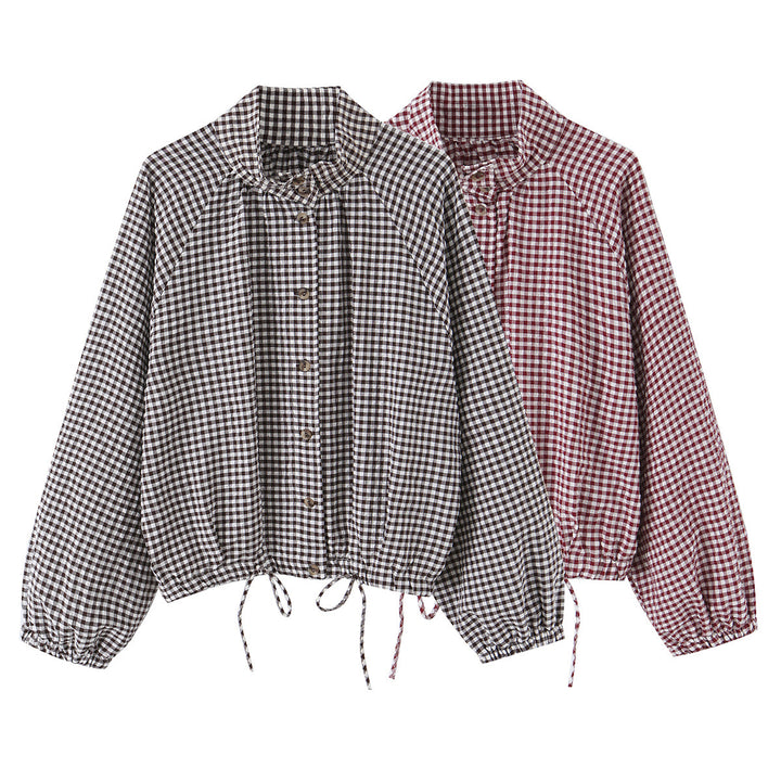 Damen Karierter Gingham-Blouson mit Tunnelzug-Saum, Raglanärmeln und Stehkragen Echo Archiv