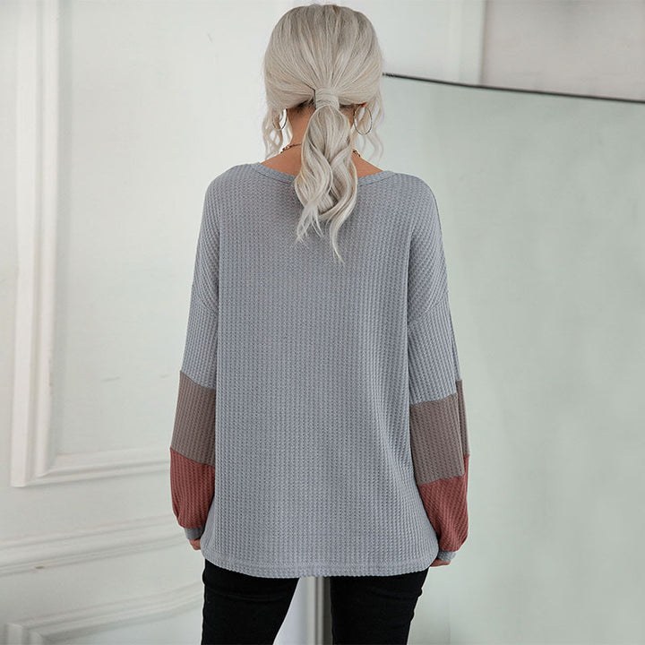 Damen Legeres Waffelstrick-Tunika-Shirt mit V‑Ausschnitt und Colorblock-Ärmeln – Mavelle