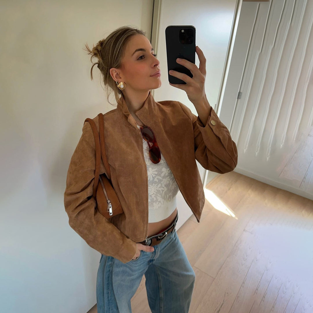Damen Kurzgeschnittene Wildlederoptik Blousonjacke mit Hemdkragen und Reißverschluss – Célinea