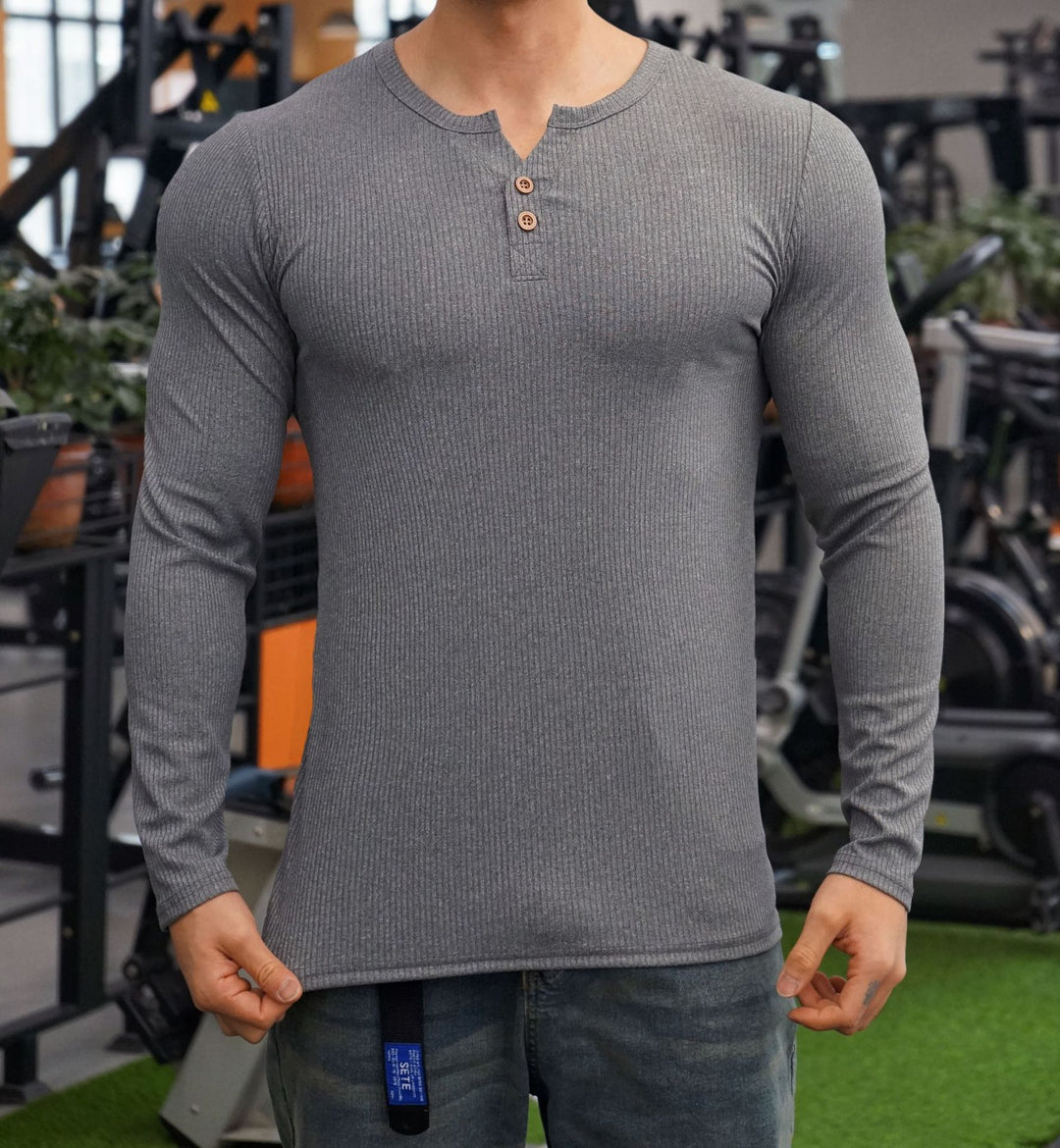 Herren Langarmshirt mit Rippstruktur und Knopfleiste Echoarchiv