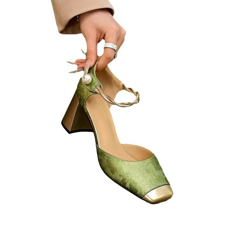 Damen nan elegante Slingback-Pumps mit quadratischer Zehenform, Jacquard-Obermaterial und gedrehtem Schmuckriemen Echo Archiv